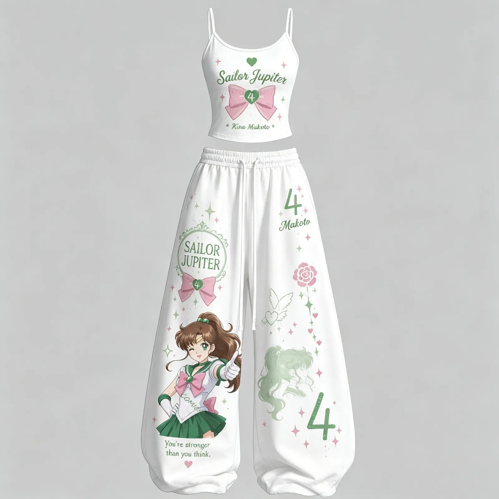 Sailor Moon Sailor Jupiter Kino Makoto Cami Crop Top and Wide Leg Trousers Two-Piece Set, Women's White and Green Lounge Outfit, Matching Set