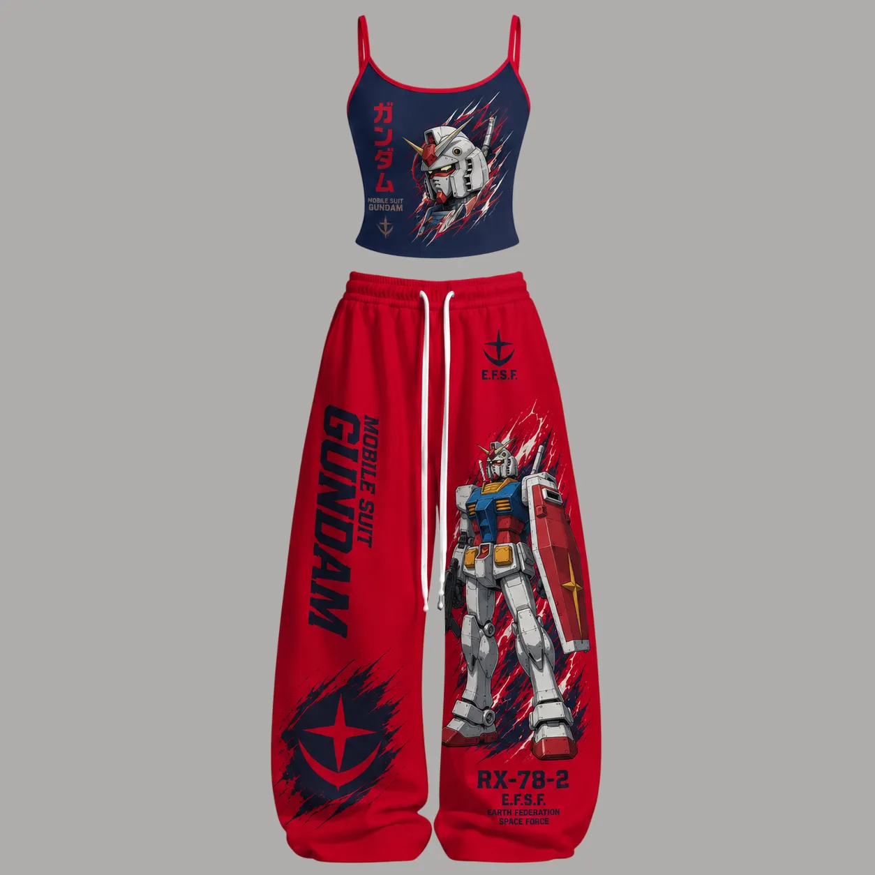 Mobile Suit Gundam RX-78-2 Cami Crop Top and Wide Leg Trousers Two-Piece Set, Women's Earth Federation Mecha Anime Matching Lounge Outfit