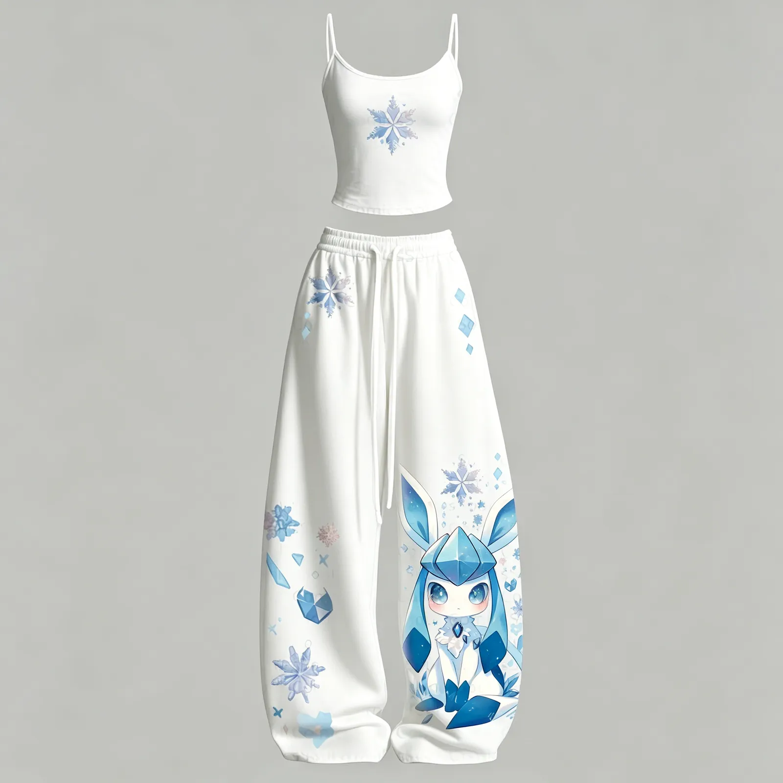 Pokémon Glaceon Cami Crop Top and Wide Leg Trousers Two-Piece Set, Women's White and Ice Blue Snowflake Eeveelution Lounge Outfit, Pokémon Gift