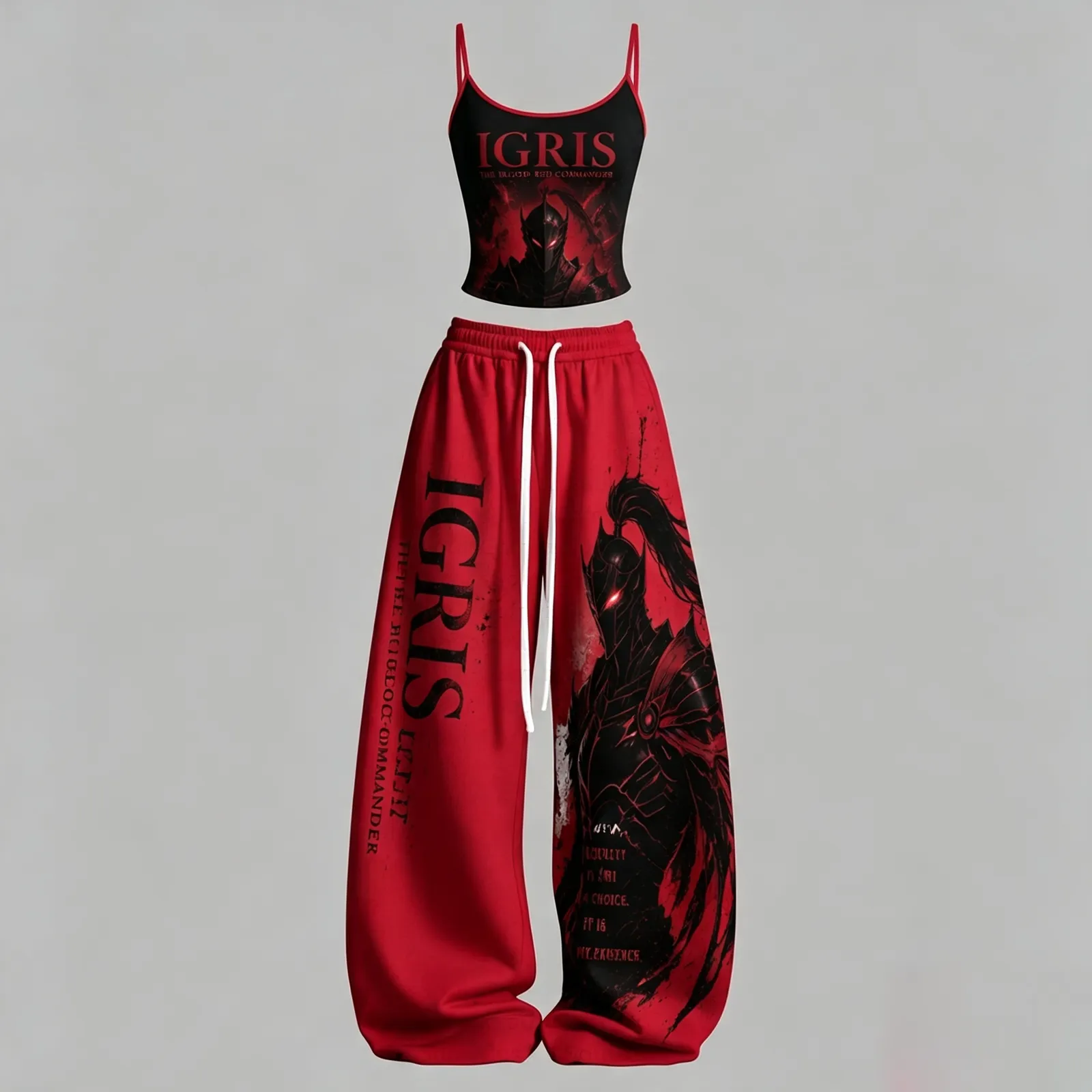 Solo Leveling Igris Blood-Red Commander Cami Top and Elasticated Trousers Two-Piece Set, Women's Black and Red Anime Lounge Outfit, Shadow Knight