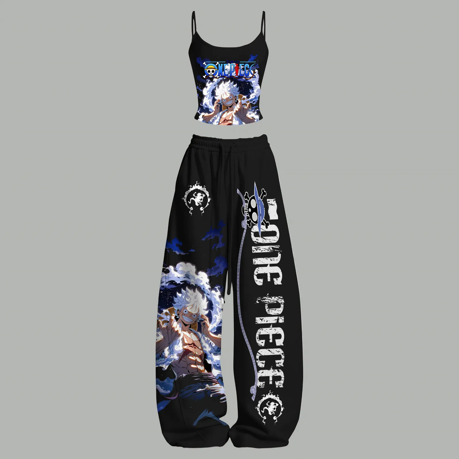 One Piece Gear 5 Luffy Cami Crop Top and Wide Leg Trousers Two-Piece Set, Black and Blue Sun God Nika Print, Women's Anime Matching Outfit