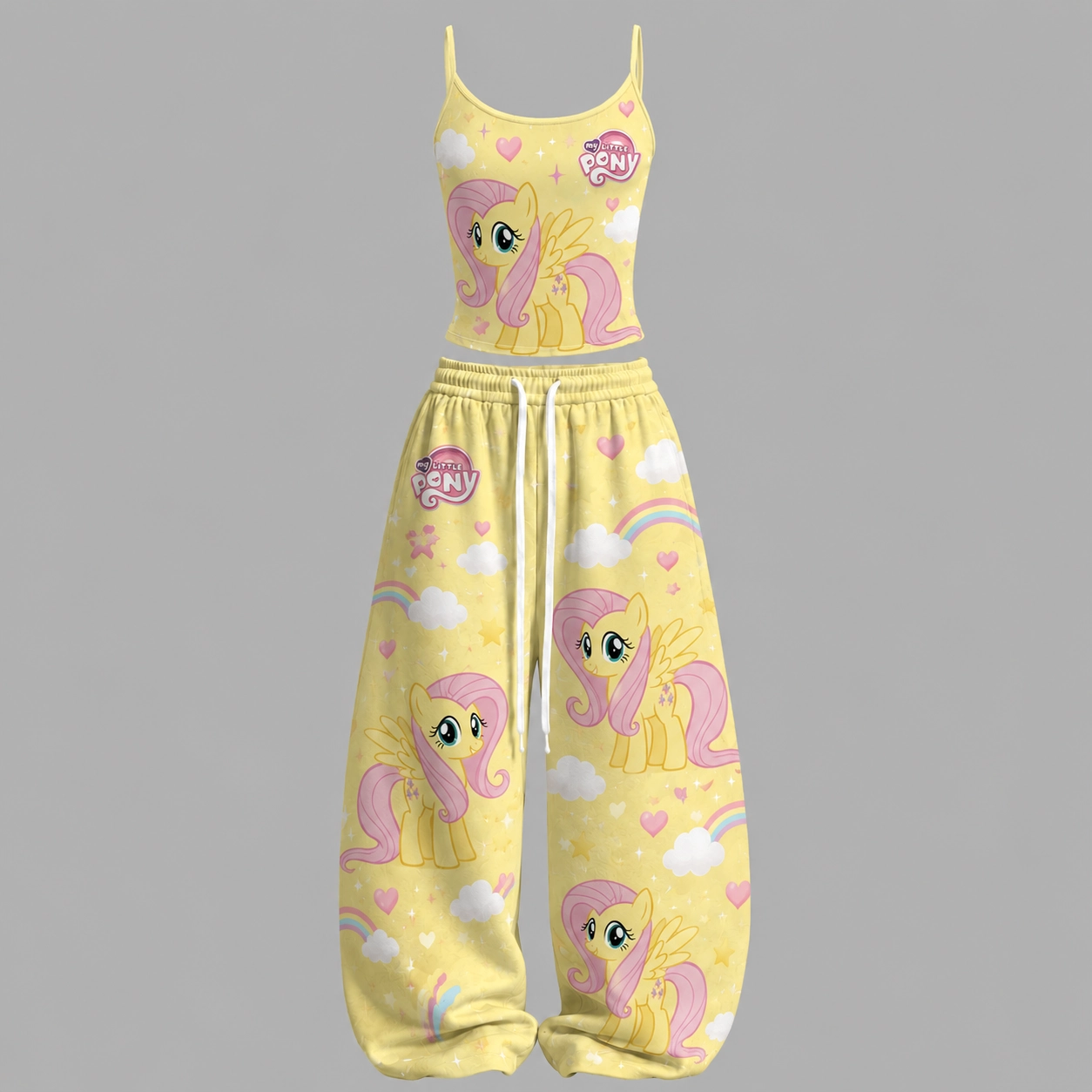 My Little Pony Fluttershy Cami Crop Top and Wide Leg Trousers Two-Piece Set, Pastel Yellow Rainbow Cloud Lounge Outfit, Women's Cartoon Co-ord