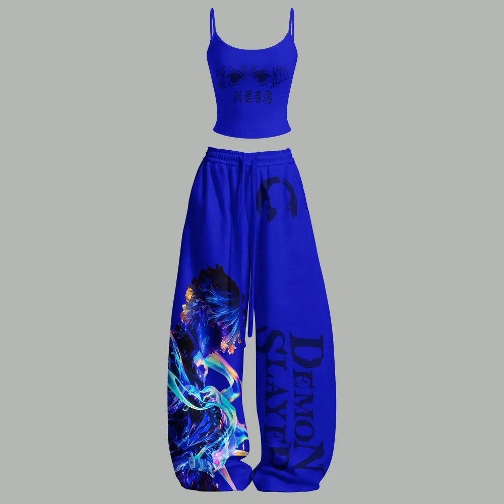 Demon Slayer Zenitsu Agatsuma Cami Crop Top and Wide Leg Trousers Two-Piece Set, Women's Royal Blue Iridescent Anime Lounge Outfit