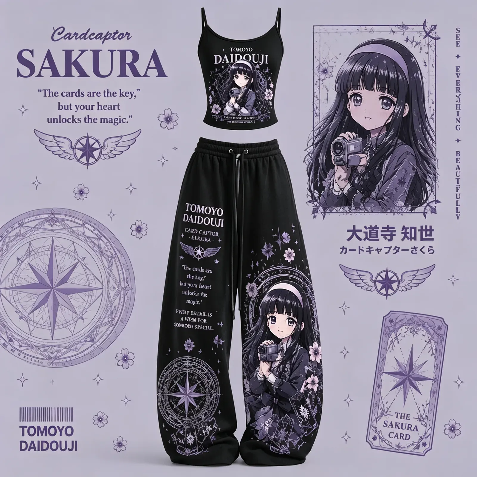 Cardcaptor Sakura Tomoyo Daidouji Cami Crop Top and Wide Leg Trousers Two-Piece Set, Women's Black and Lavender Anime Lounge Outfit, Magic Set