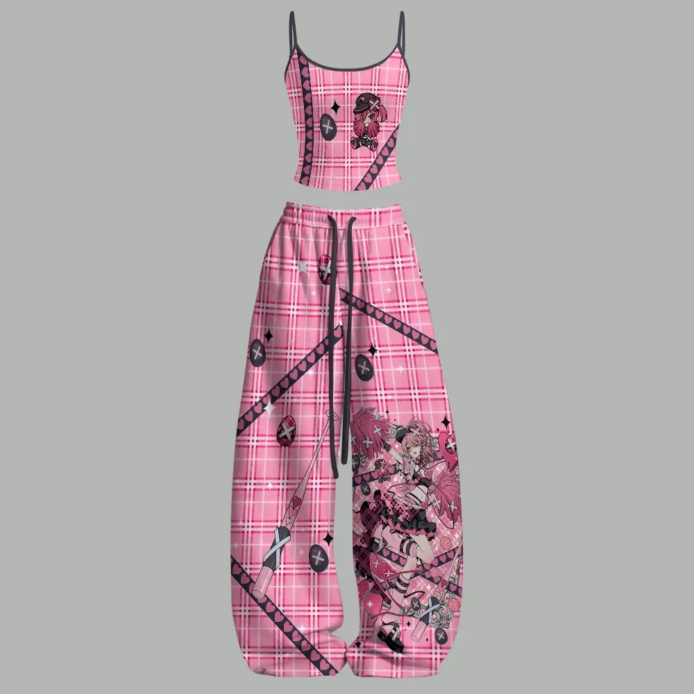 Shugo Chara! Amu Hinamori Cami Crop Top and Wide Leg Trousers Two-Piece Set, Women's Pink Plaid X Egg Anime Lounge Outfit, Matching Set