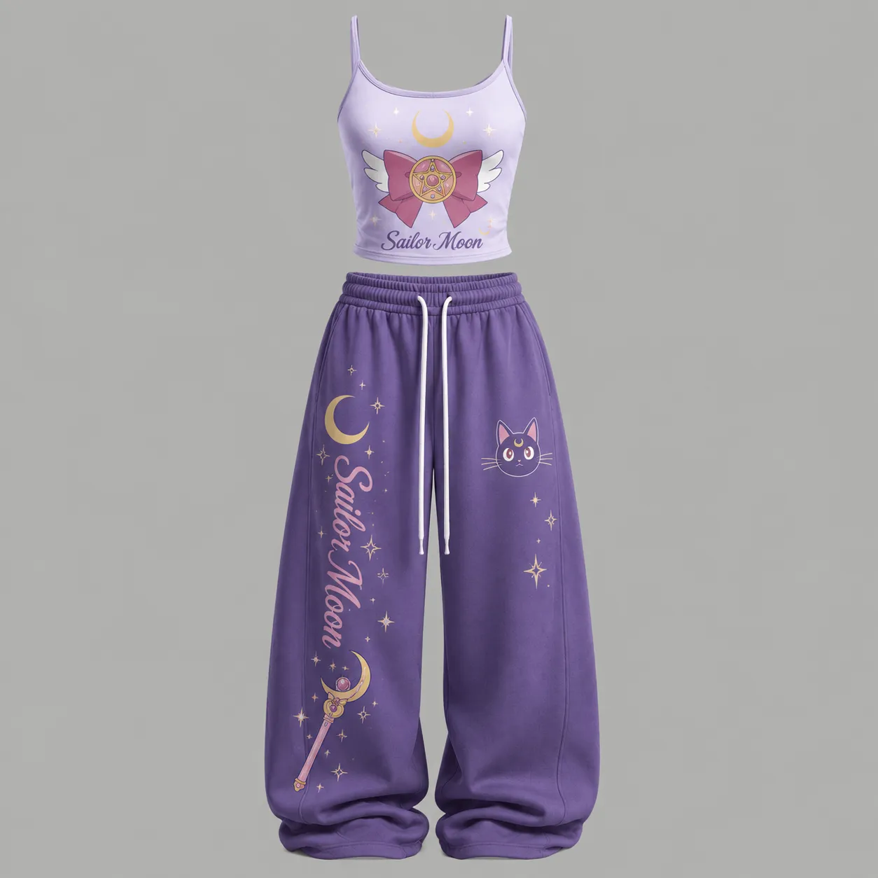 Sailor Moon Cami Crop Top and Wide Leg Trousers Two-Piece Set, Women's Luna Cat Lavender Matching Lounge Outfit, Anime Fan Gift