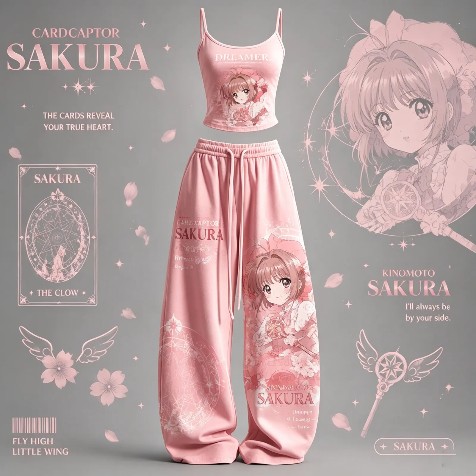Cardcaptor Sakura Dreamer Cami Crop Top and Wide Leg Trousers Two-Piece Set, Women's Pink Kinomoto Clow Card Anime Matching Lounge Outfit
