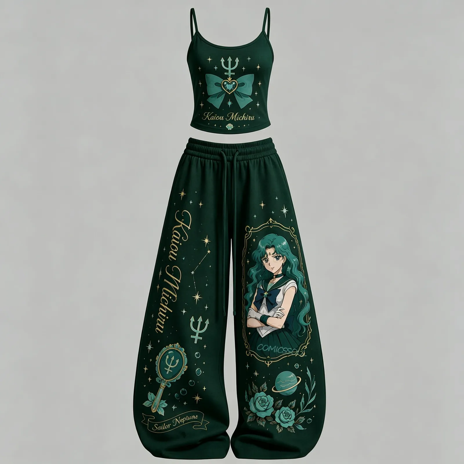 Sailor Moon Neptune Kaiou Michiru Cami Crop Top and Wide Leg Trousers Two-Piece Set, Deep Green Starry Anime Lounge Outfit, Women's Co-ord