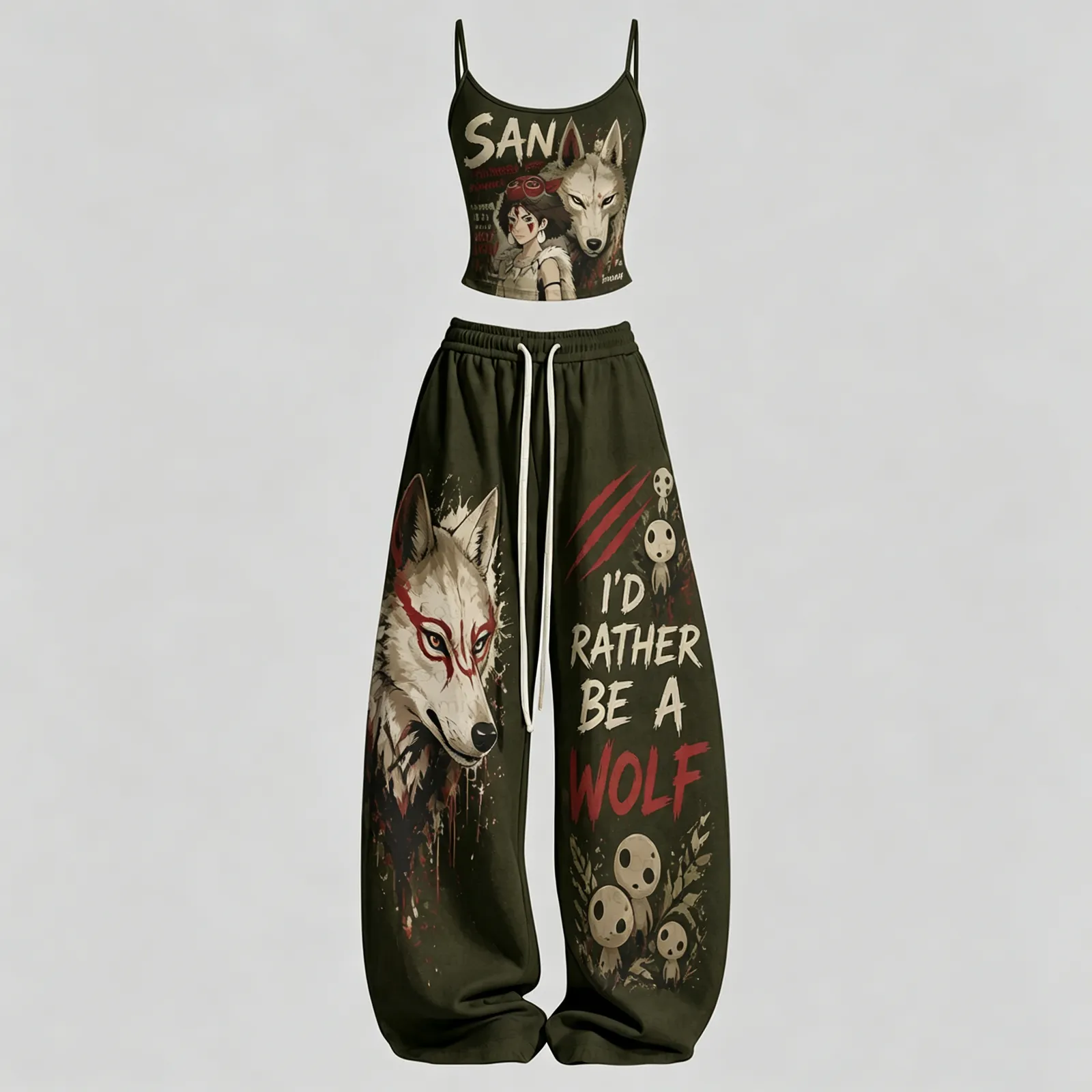 Princess Mononoke San Cami Crop Top and Wide Leg Trousers Two-Piece Set, Women's Olive I'd Rather Be a Wolf Lounge Outfit, Ghibli Gift