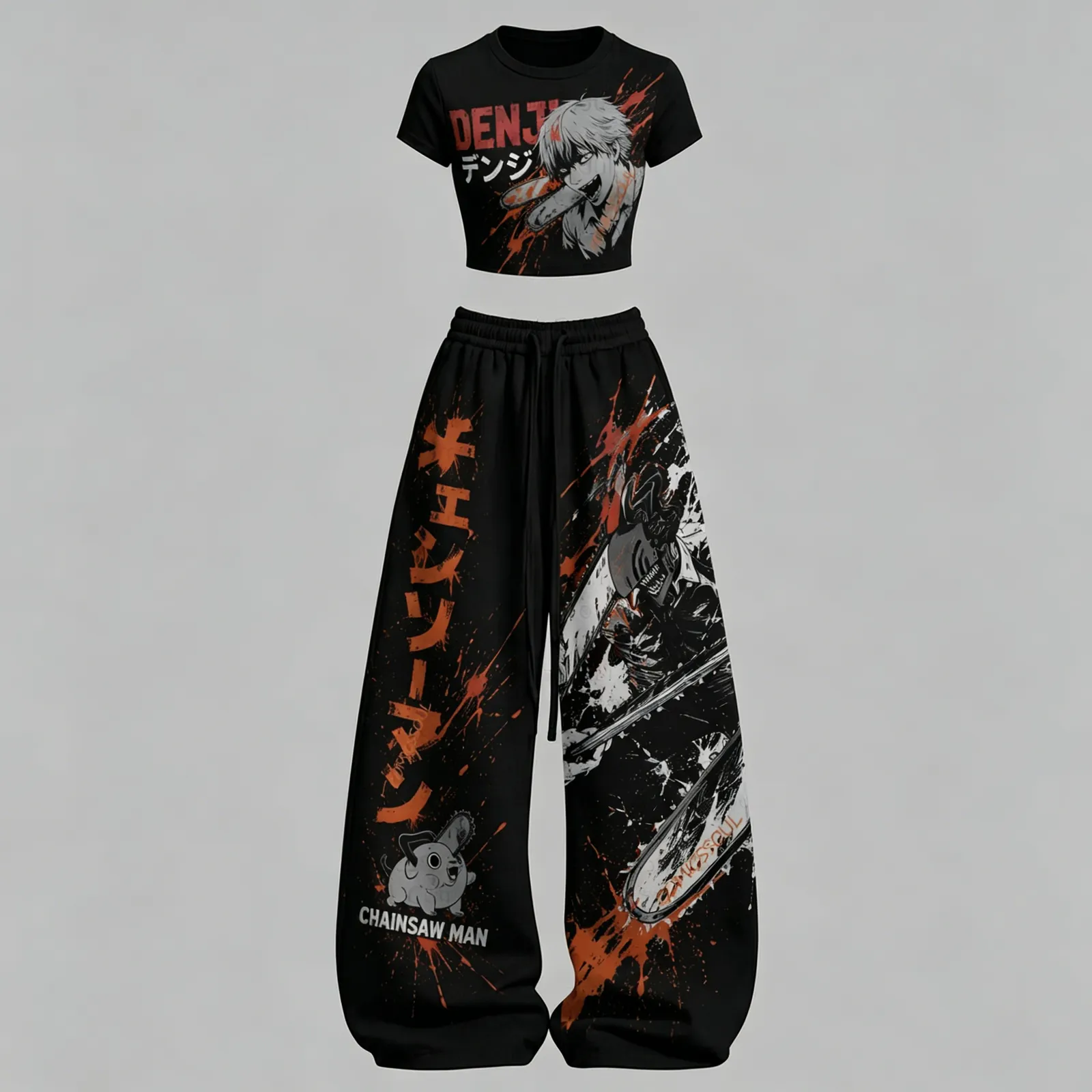 Chainsaw Man Denji Crop Tee and Wide Leg Trousers Set, Women's Two-Piece Lounge Outfit, Pochita Orange Splatter Black Anime Matching Set