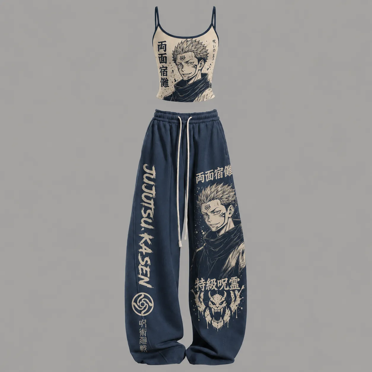 Jujutsu Kaisen Ryomen Sukuna Cami Top and Elasticated Trousers Two-Piece Set, Women's Cream and Navy Anime Lounge Outfit, JJK Matching Set