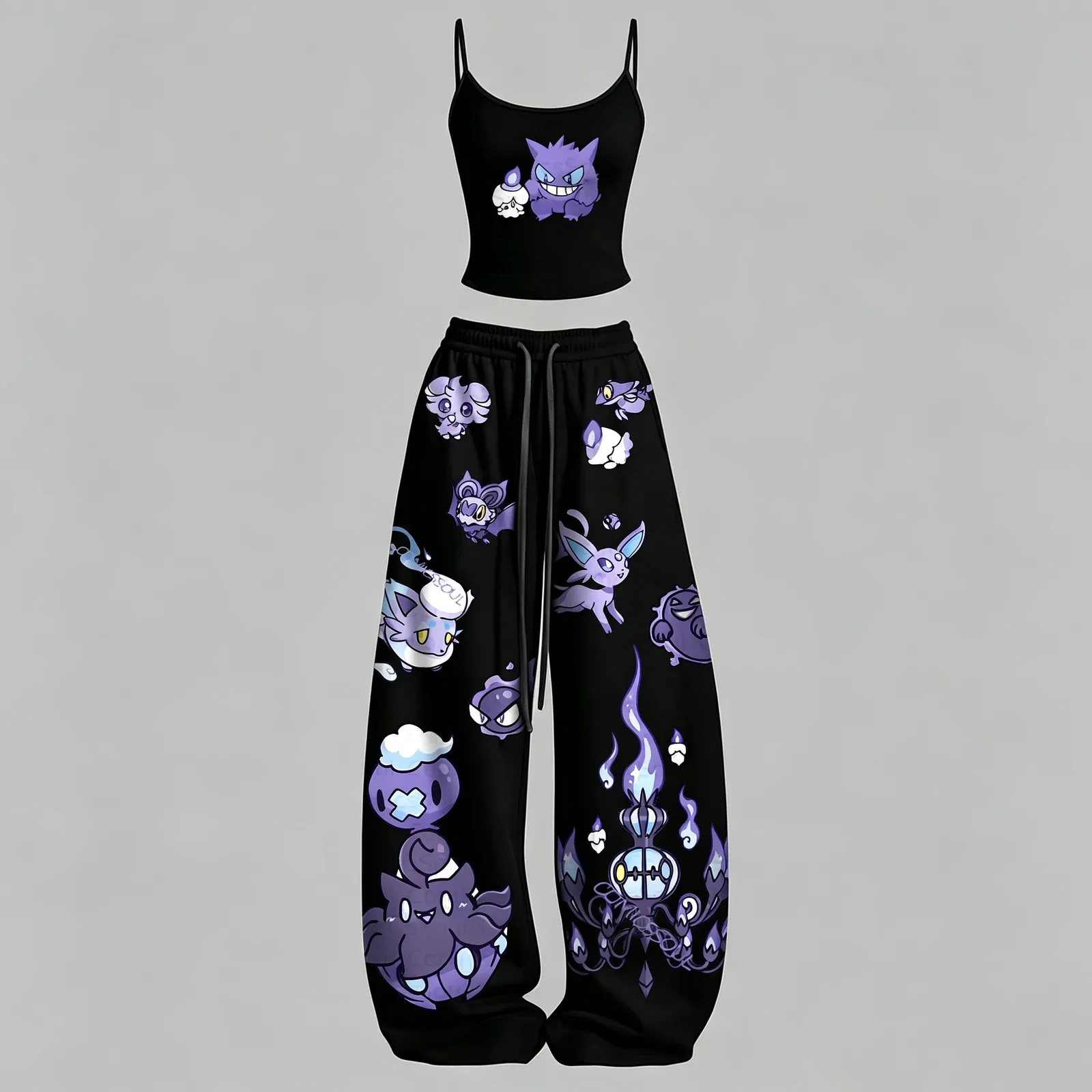 Pokémon Ghost Type Cami Crop Top and Wide Leg Trousers Two-Piece Set, Gengar Chandelure Espeon Purple Print, Women's Gamer Lounge Outfit