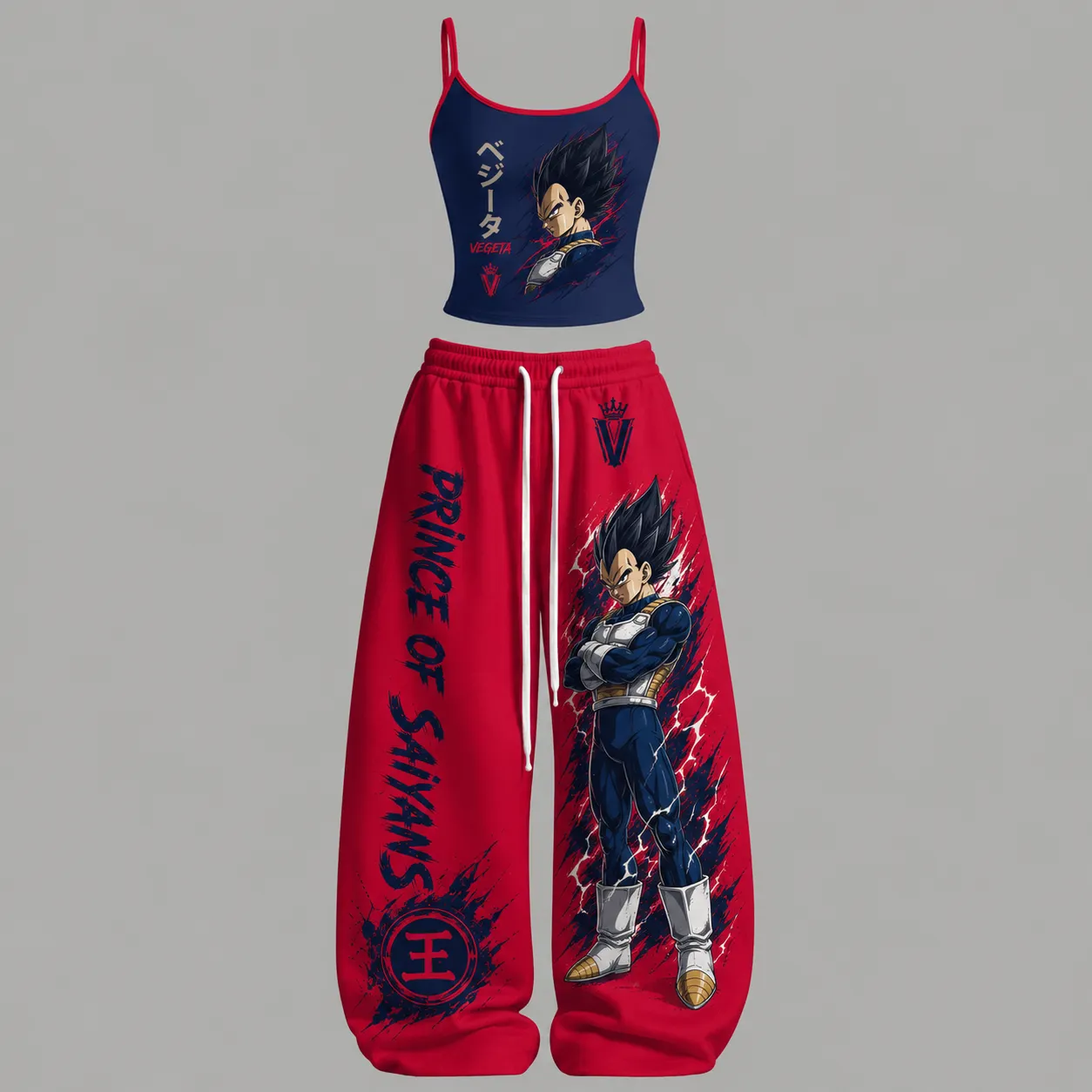 Dragon Ball Vegeta Prince of Saiyans Cami Crop Top and Wide Leg Trousers Two-Piece Set, Women's Anime Lounge Outfit, Saiyan Matching Set