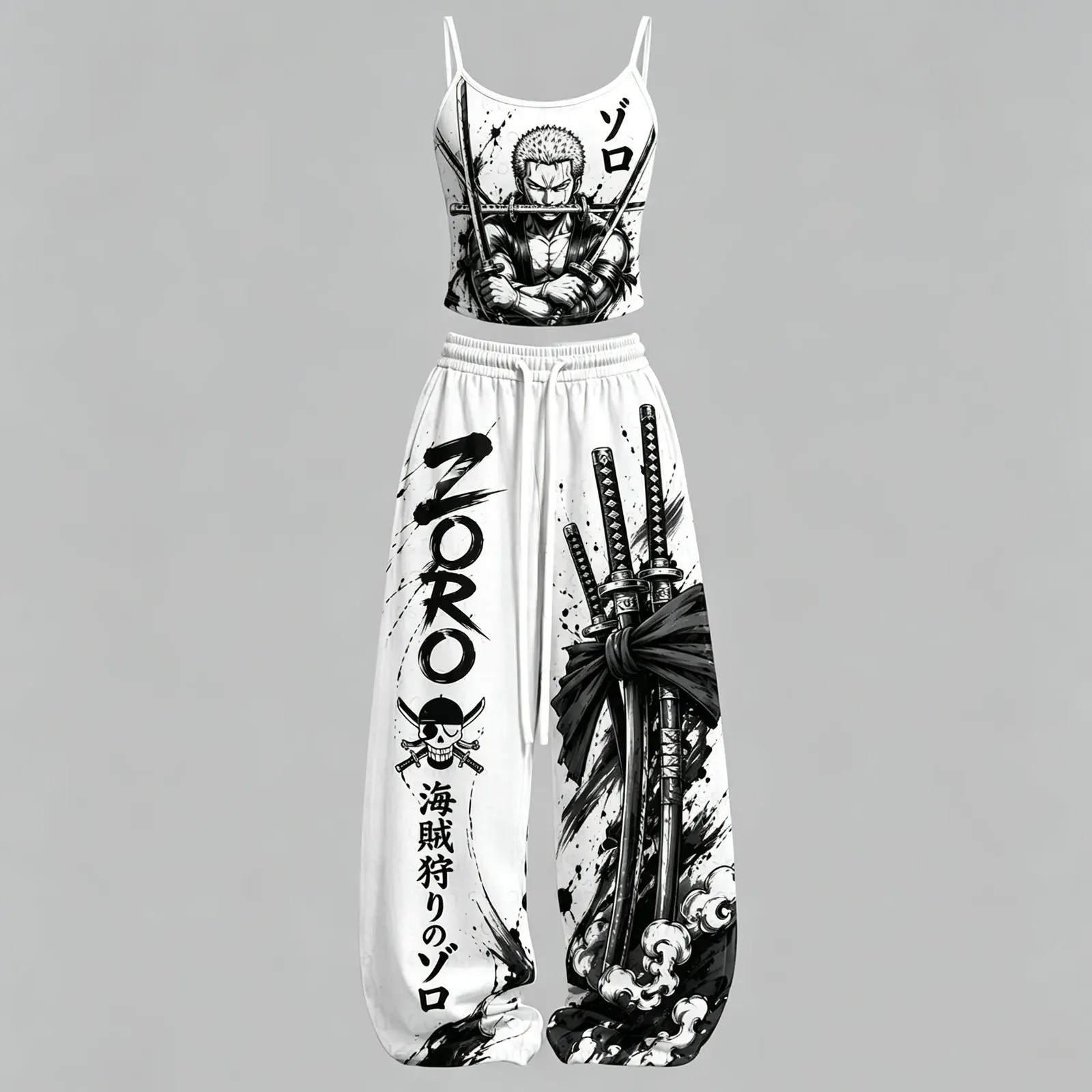 One Piece Roronoa Zoro Pirate Hunter Cami Crop Top and Wide Leg Trousers Two-Piece Set, Women's Black and White Ink Anime Matching Outfit