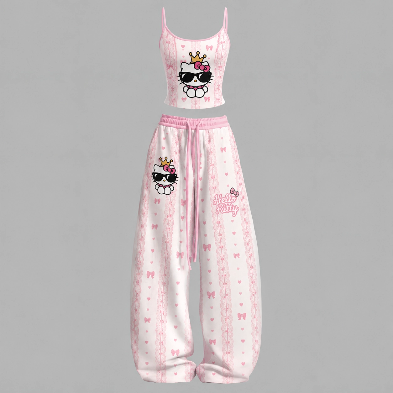 Hello Kitty Sunglasses and Crown Cami Crop Top and Wide Leg Trousers Two-Piece Set, Women's Pink Lace Bow Print Lounge Outfit, Sanrio Gift