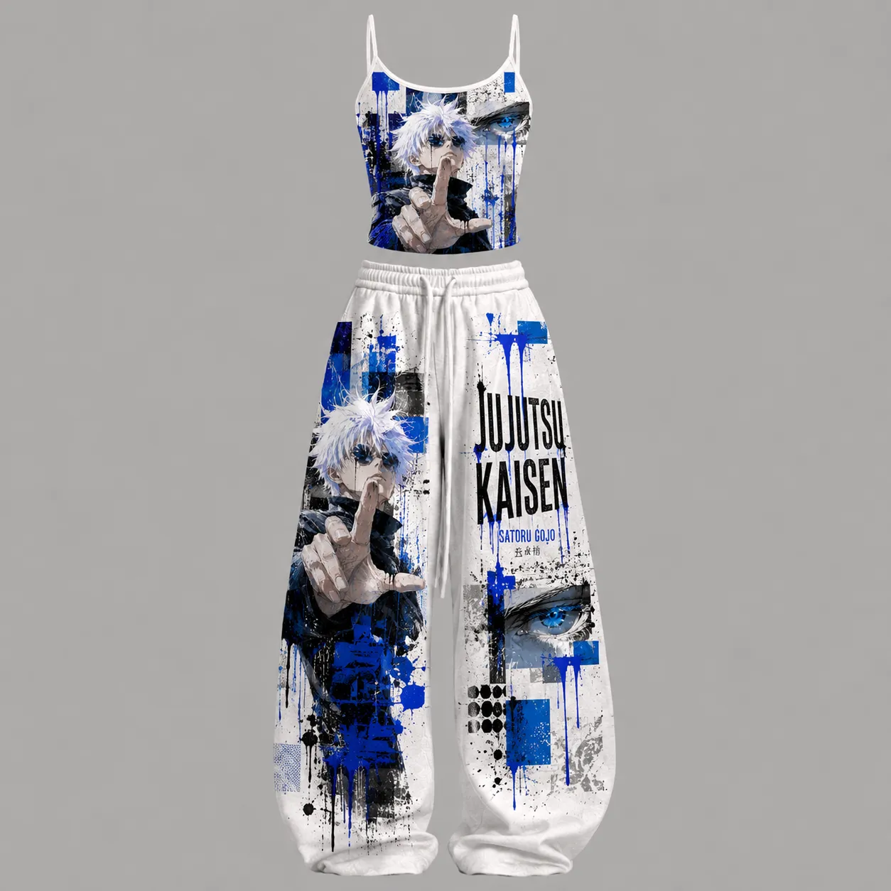 Jujutsu Kaisen Satoru Gojo Cami Crop Top and Wide Leg Trousers Two-Piece Set, Women's White and Blue Anime Lounge Outfit, Six Eyes Graffiti Set