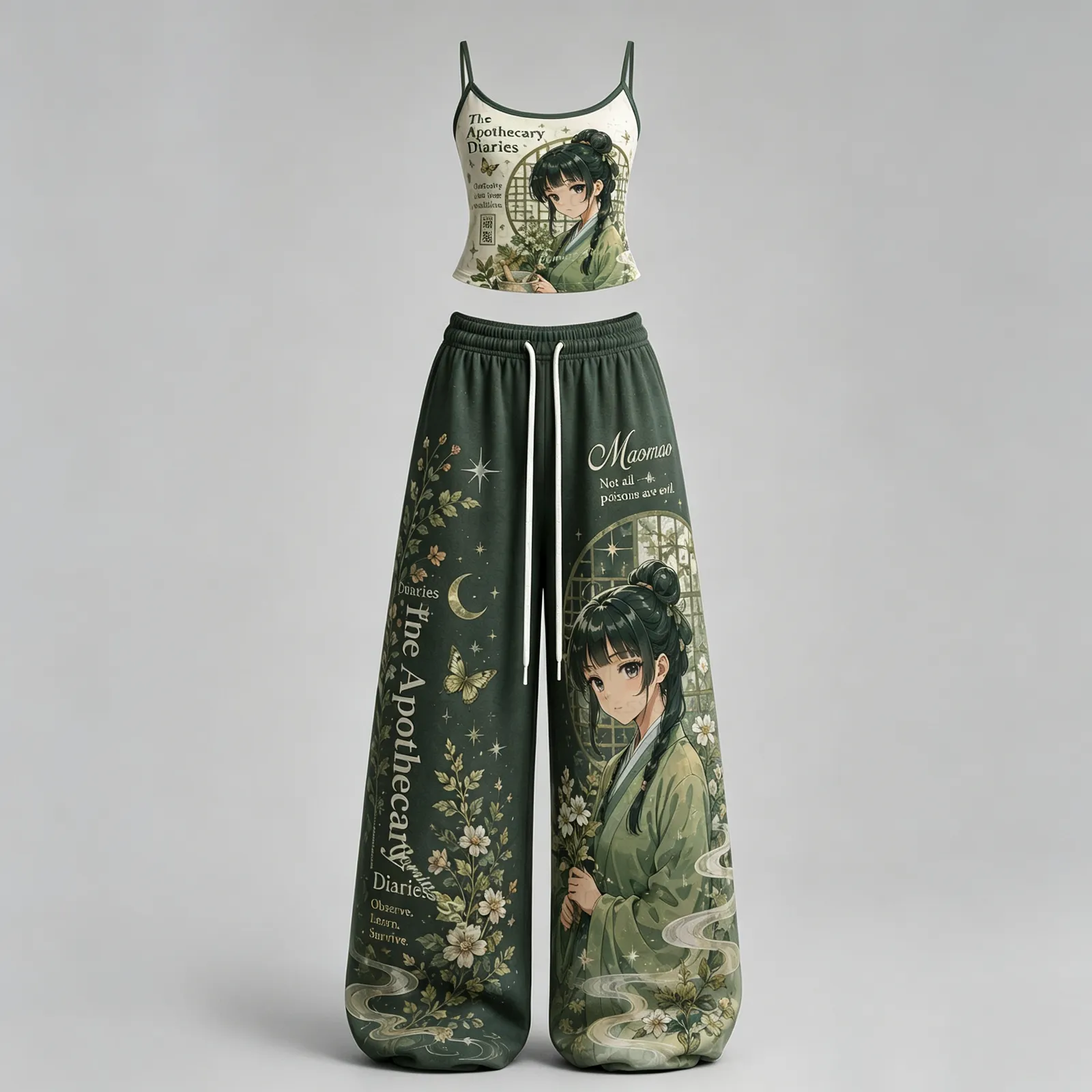 The Apothecary Diaries Maomao Cami Crop Top and Elasticated Wide Leg Trousers Two-Piece Set, Women's Sage Green Botanical Anime Lounge Outfit