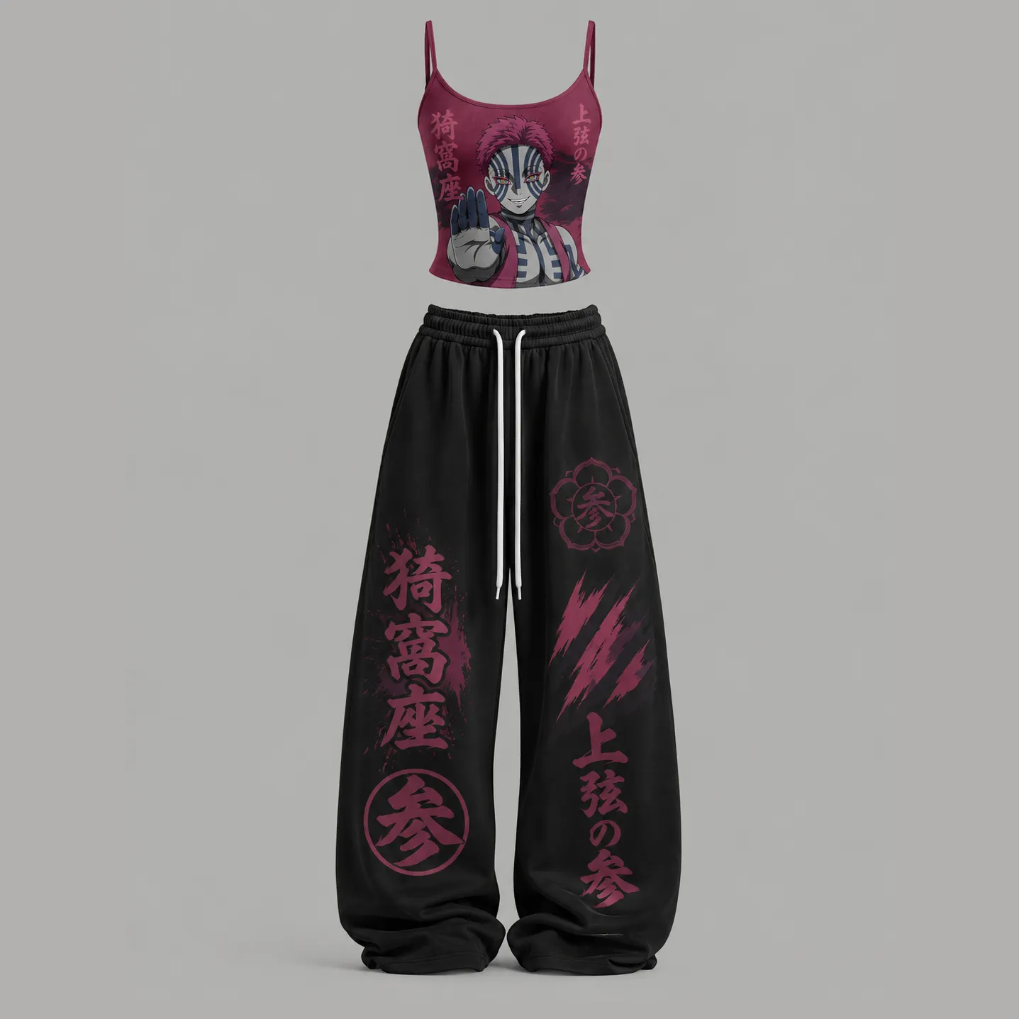 Demon Slayer Akaza Upper Moon Three Cami Crop Top and Wide Leg Trousers Two-Piece Set, Crimson Kanji Print, Women's Anime Matching Outfit