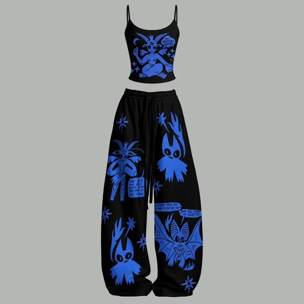Baphomet Goat Cami Crop Top and Wide Leg Trousers Two-Piece Set, Women's Black and Blue You Deserved Better Witchy Lounge Outfit, Goth Set