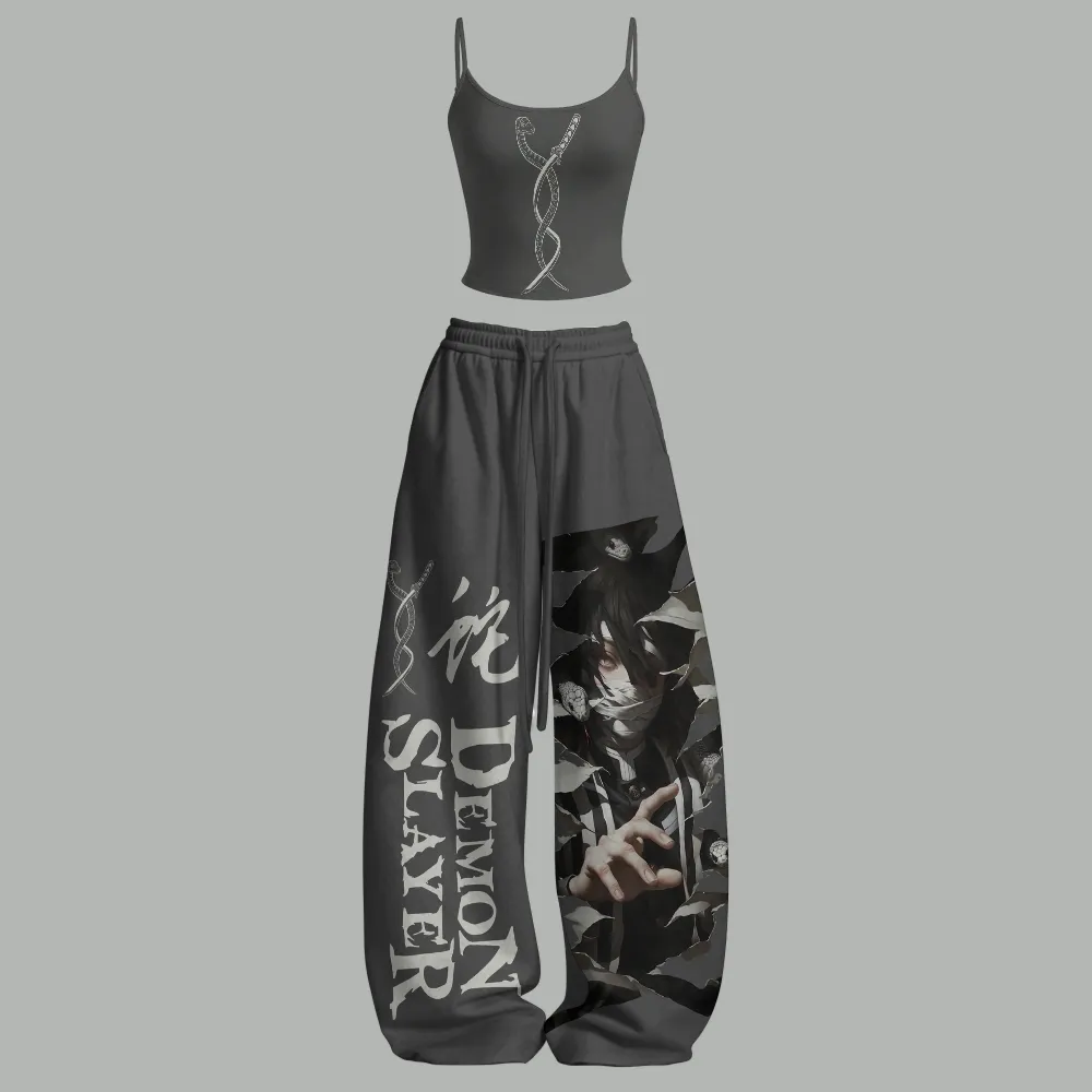 Demon Slayer Obanai Iguro Serpent Hashira Cami Crop Top and Grey Wide Leg Trousers Set, Women's Two-Piece Lounge Outfit, Snake Anime Set