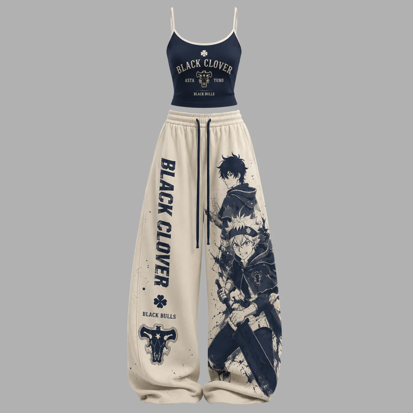 Black Clover Asta Yuno Cami Crop Top and Wide Leg Trousers Two-Piece Set, Women's Navy and Cream Black Bulls Lounge Outfit, Anime Matching Set