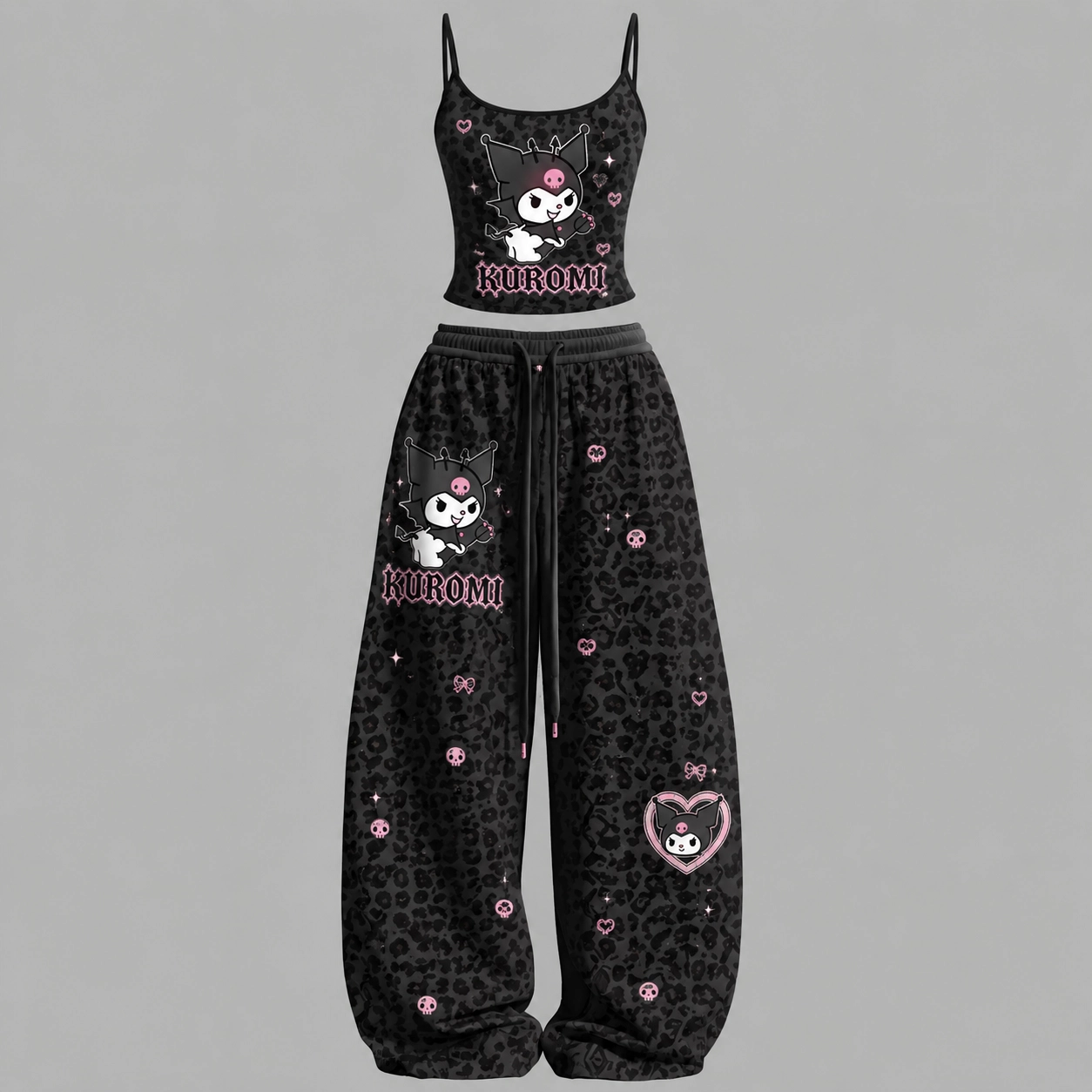 Kuromi Black Leopard Print Cami Crop Top and Wide Leg Trousers Two-Piece Set, Pink Skull Kawaii Goth Lounge Outfit, Women's Matching Co-ord