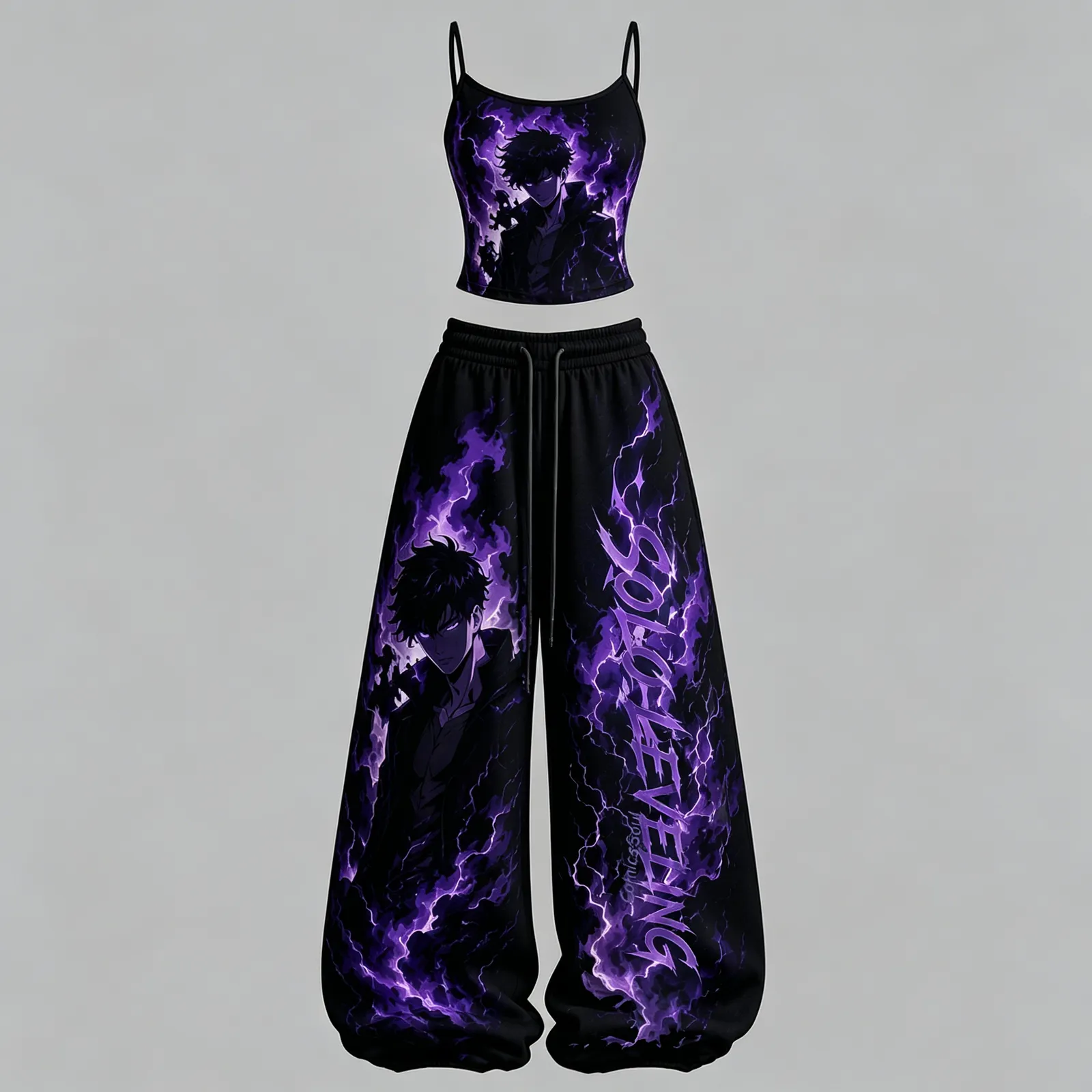 Solo Leveling Sung Jinwoo Shadow Monarch Cami Crop Top and Elasticated Wide Leg Trousers Two-Piece Set, Women's Black Purple Lightning Outfit