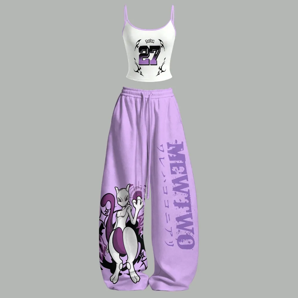 Pokémon Mewtwo 27 Cami Crop Top and Wide Leg Trousers Two-Piece Set, Women's Lavender Jersey Number Psychic Matching Lounge Outfit