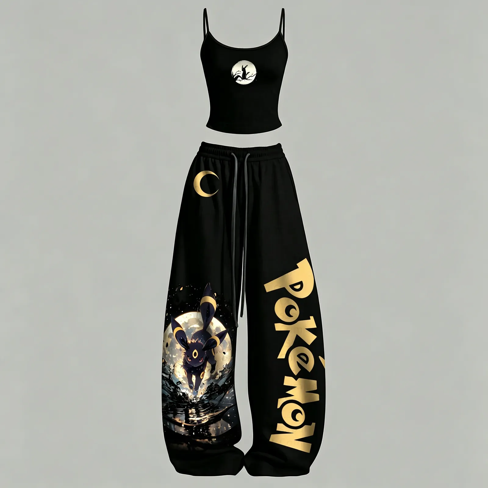 Pokémon Umbreon Full Moon Cami Crop Top and Elasticated Wide Leg Trousers Two-Piece Set, Women's Black and Gold Minimal Anime Lounge Outfit