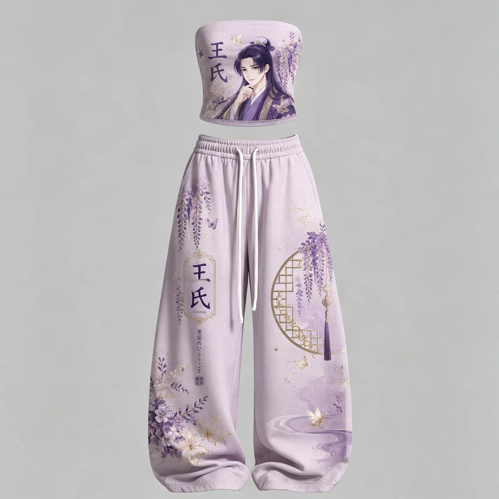 The Apothecary Diaries Jinshi Lavender Strapless Tube Crop Top and Wide Leg Trousers Two-Piece Set, Wisteria Anime Lounge Outfit, Women's Co-ord