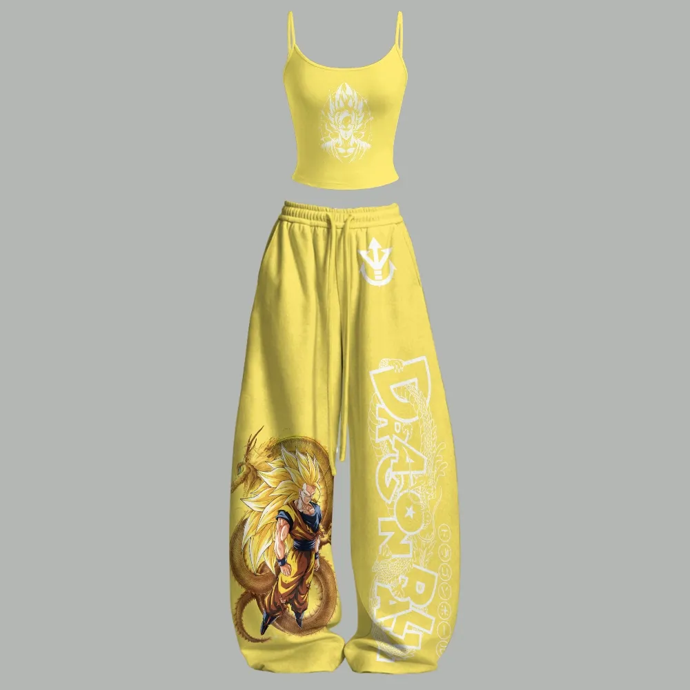 Dragon Ball Super Saiyan 3 Goku Cami Crop Top and Wide Leg Trousers Two-Piece Set, Yellow and White Shenron Print, Women's Anime Outfit