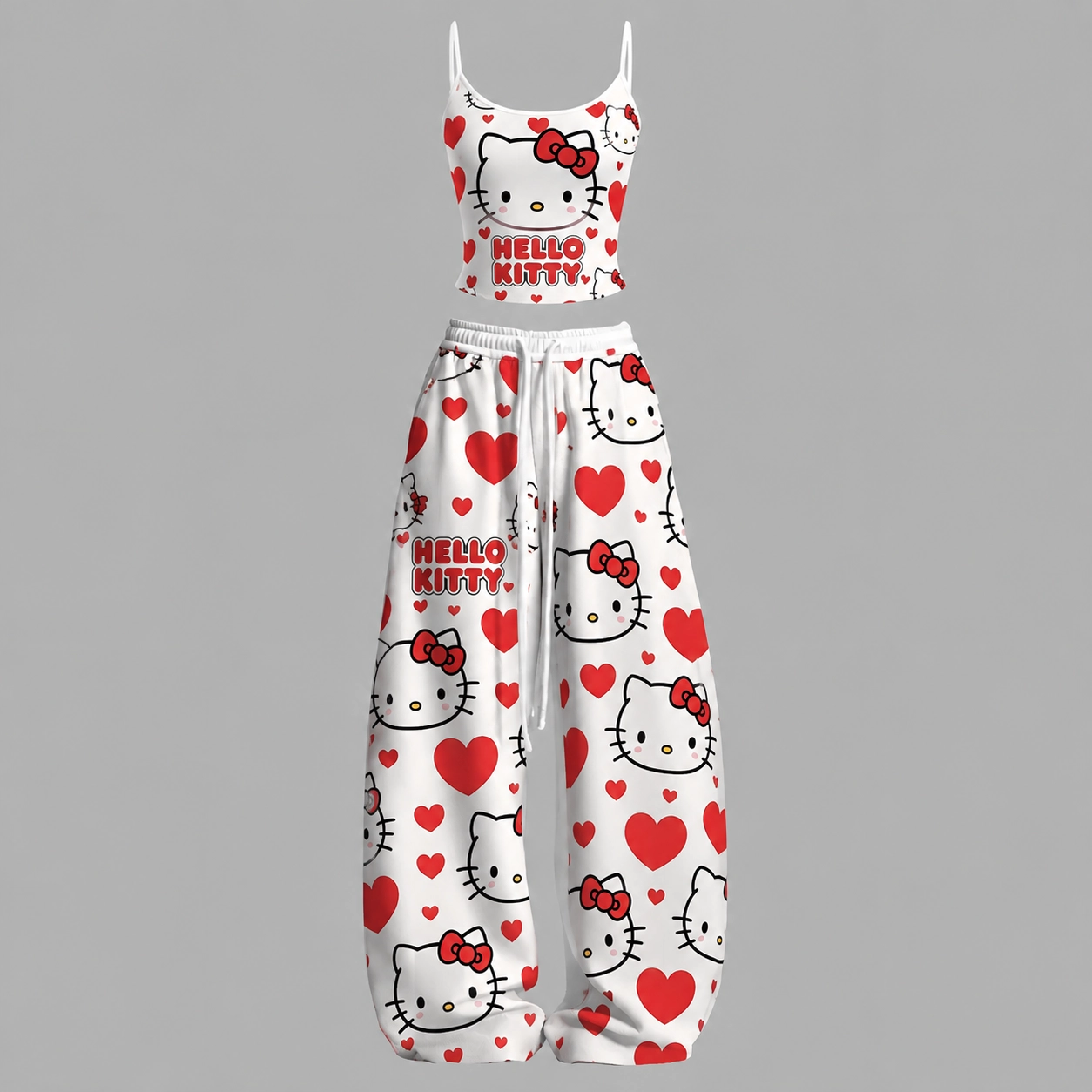 Hello Kitty Hearts Cami Crop Top and Wide Leg Trousers Two-Piece Set, Women's White Red Sanrio Lounge Outfit, Kawaii Valentine Matching Set