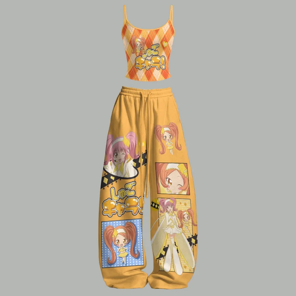Shugo Chara! Cami Crop Top and Wide Leg Trousers Two-Piece Set, Women's Orange Argyle Anime Lounge Outfit, Magical Girl Manga Collage Fan Gift