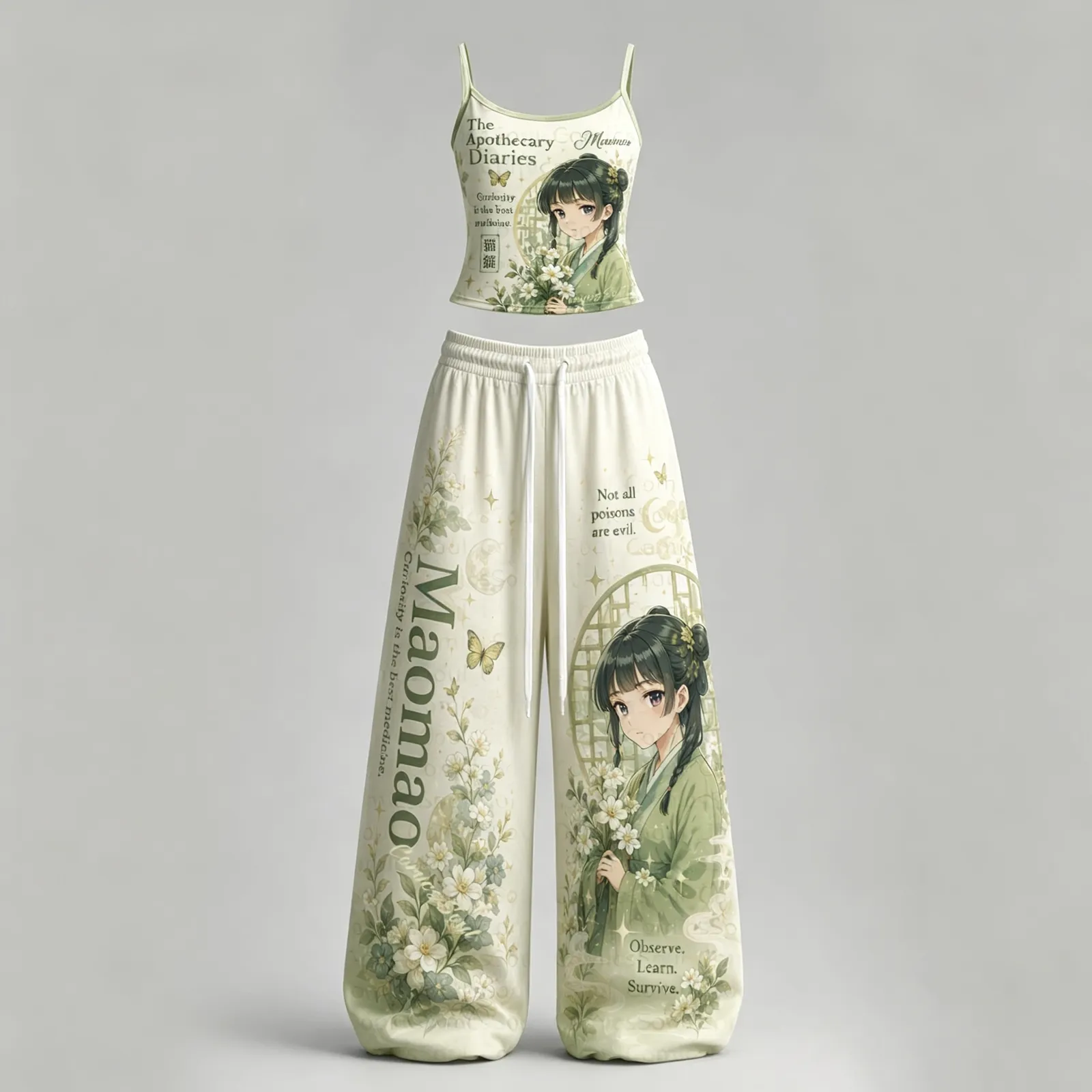 The Apothecary Diaries Maomao Cami Crop Top and Wide Leg Trousers Two-Piece Set, Cream Green Floral Herbalist Anime Lounge Outfit, Women's Co-ord