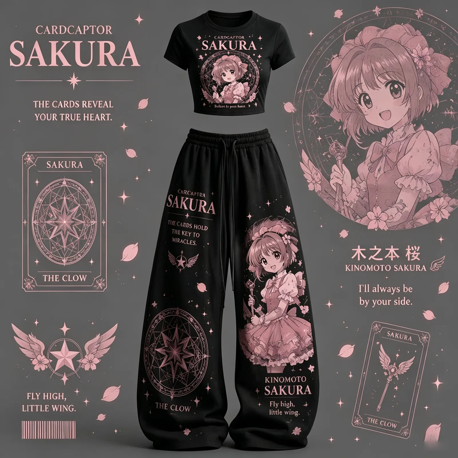 Cardcaptor Sakura Crop Tee and Wide Leg Trousers Two-Piece Set, Women's Kinomoto Clow Card Magical Girl Anime Matching Lounge Outfit
