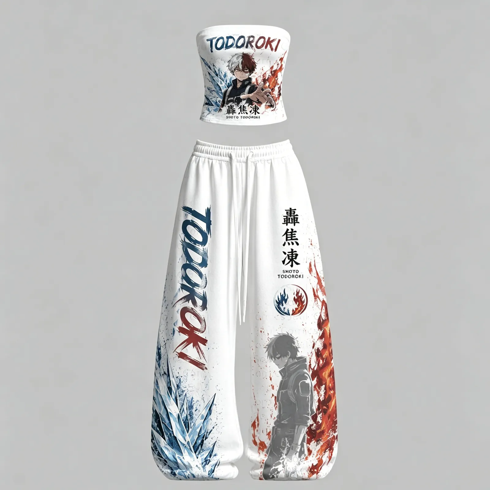 My Hero Academia Shoto Todoroki Strapless Tube Top and Wide Leg Trousers Two-Piece Set, Women's Fire and Ice Anime Matching Lounge Outfit