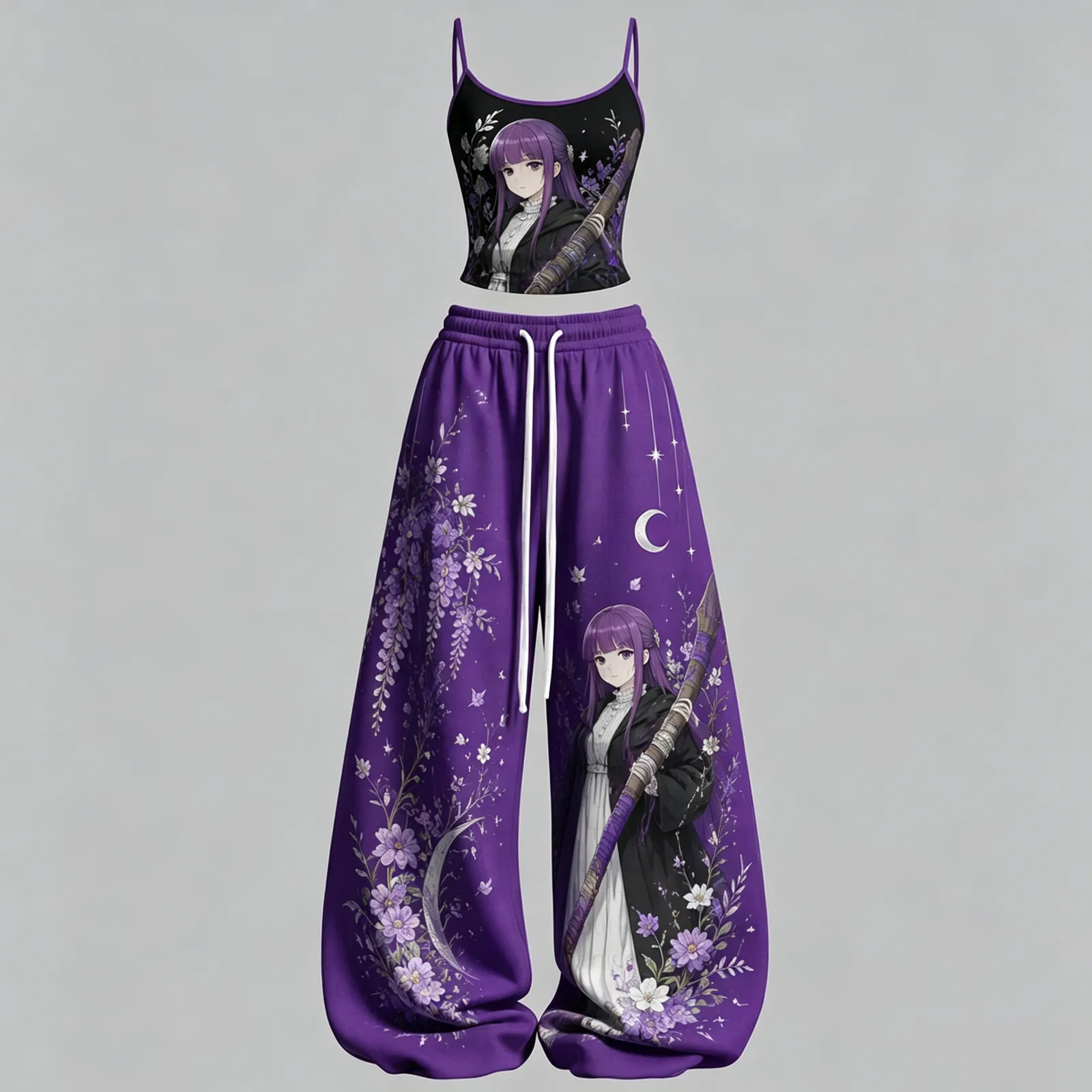Frieren Fern Cami Crop Top and Wide Leg Trousers Two-Piece Set, Women's Purple Wisteria and Moon Anime Lounge Outfit, Beyond Journey's End Gift