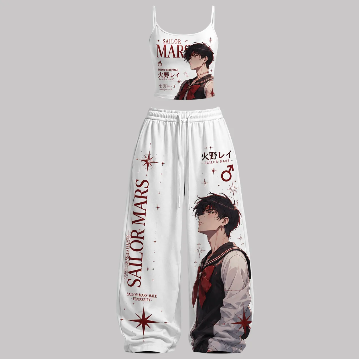 Sailor Moon Sailor Mars Male Version Cami Crop Top and Wide Leg Trousers Two-Piece Set, White and Crimson Rei Hino Print, Women's Anime Outfit