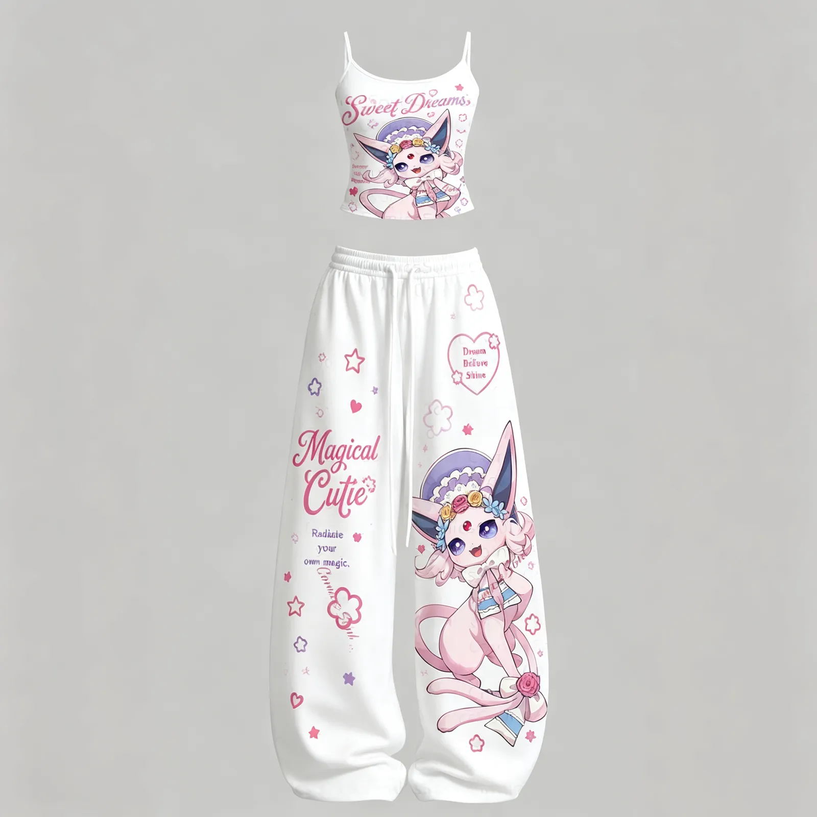 Pokémon Espeon Cami Crop Top and Wide Leg Trousers Two-Piece Set, Women's White and Pink Magical Cutie Sweet Dreams Lounge Outfit