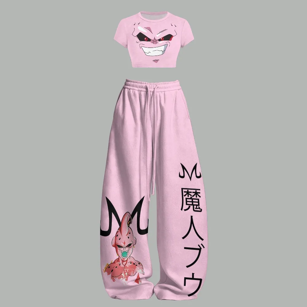 Dragon Ball Z Kid Buu Women's Crop T-Shirt and Wide Leg Trousers Two-Piece Set, Pink Majin Buu Anime Lounge Outfit, Funny Villain Face Fan Gift