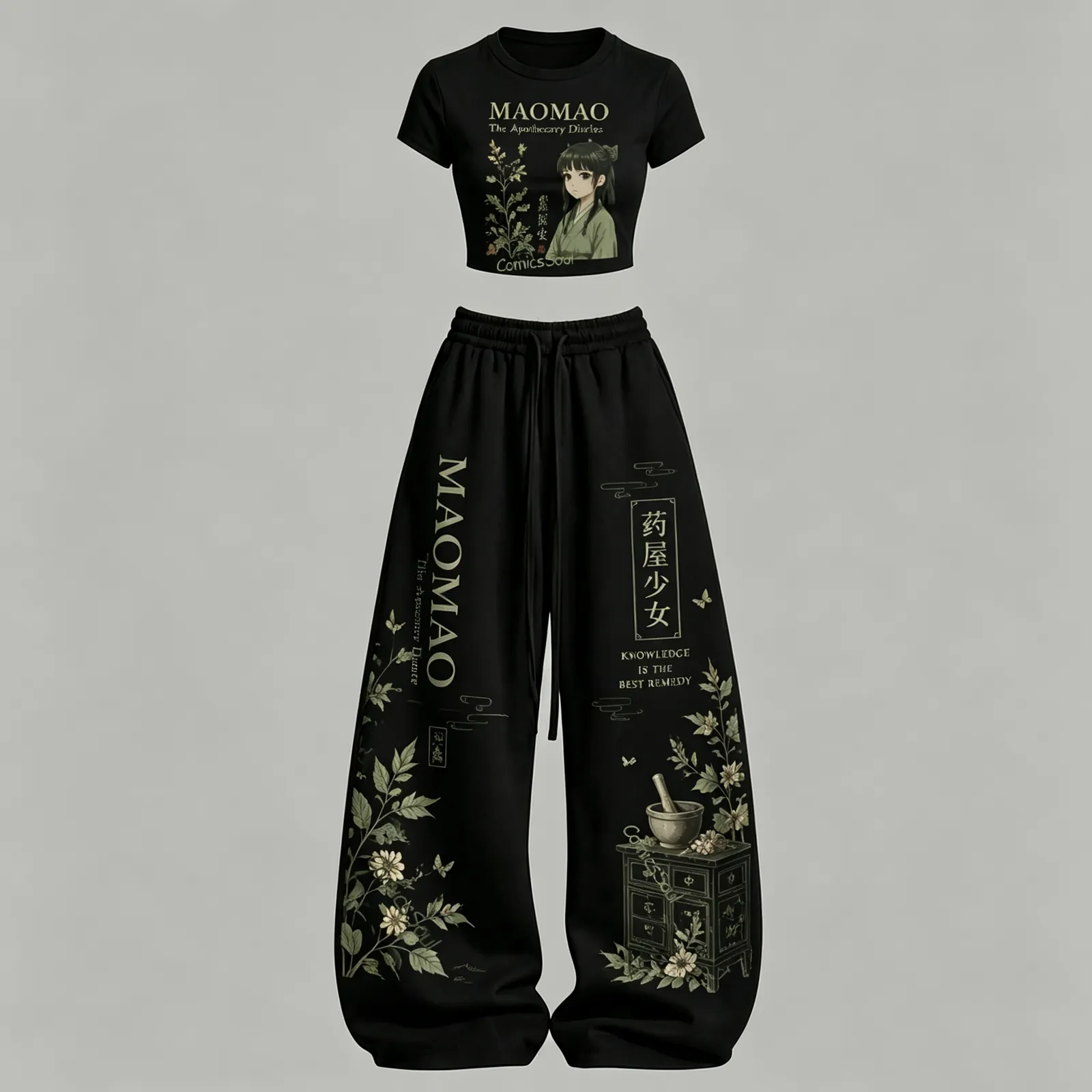 The Apothecary Diaries Maomao Knowledge Is the Best Remedy Crop Tee and Elasticated Wide Leg Trousers Two-Piece Set, Women's Black Herbal Outfit