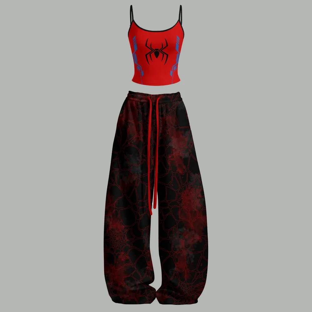 Spider-Man Emblem Cami Crop Top and Wide Leg Trousers Two-Piece Set, Women's Marvel Red and Black Web Matching Lounge Outfit, Gift