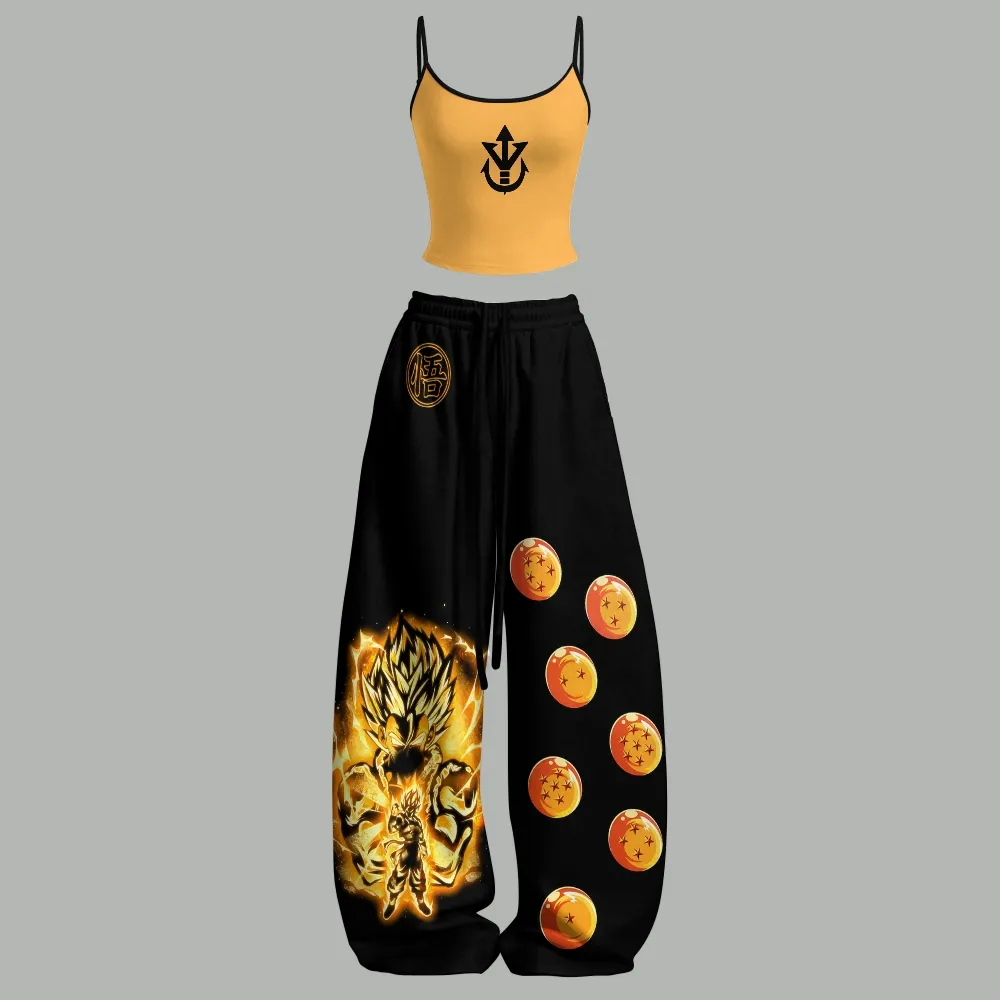 Dragon Ball Vegeta Royal Crest Cami Crop Top and Wide Leg Trousers Two-Piece Set, Women's Orange Black Super Saiyan Lounge Outfit, Anime Gift