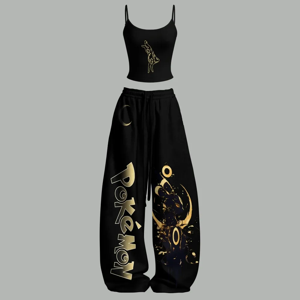 Pokémon Umbreon Cami Crop Top and Wide Leg Trousers Two-Piece Set, Women's Black and Gold Moonlight Lounge Outfit, Anime Fan Matching Set