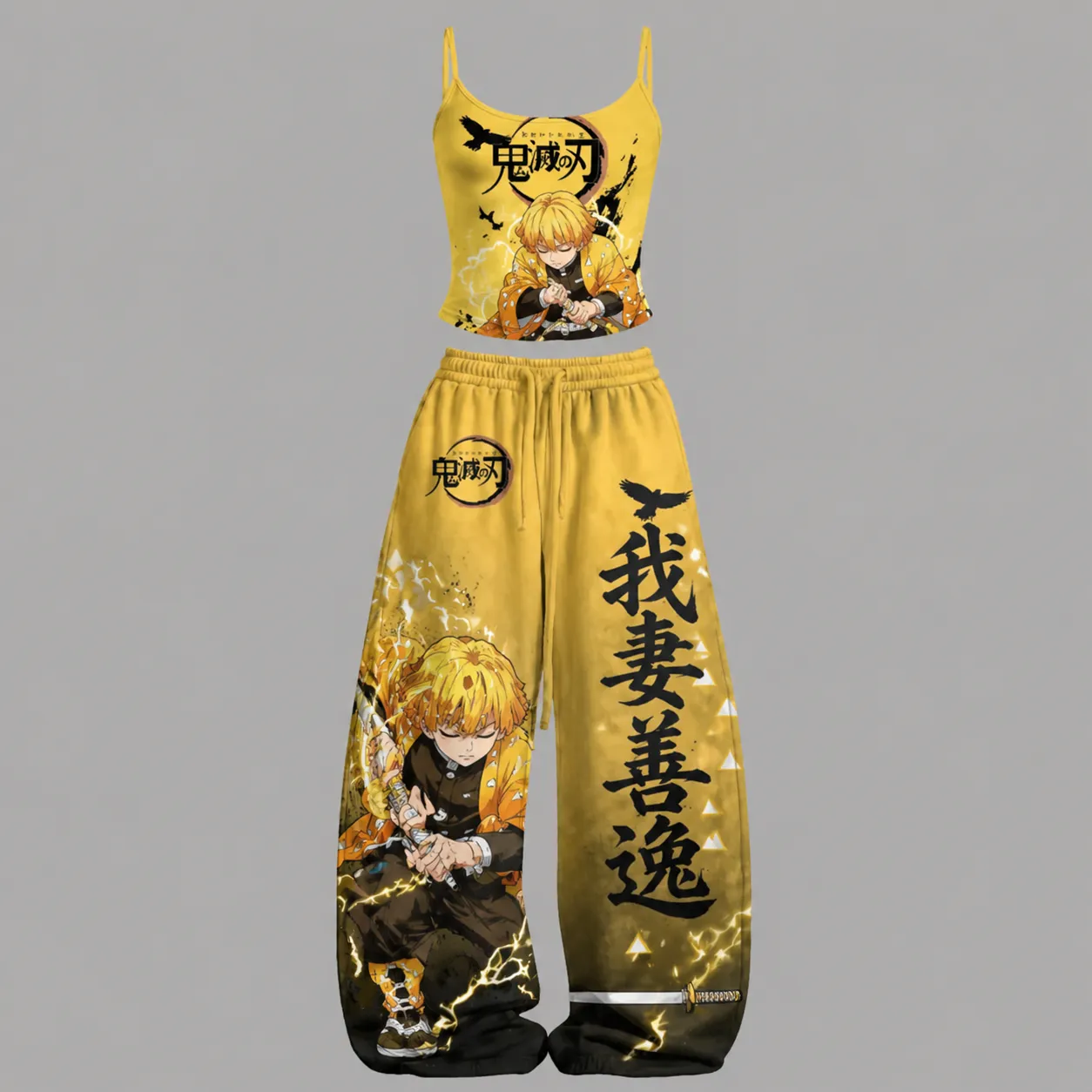 Demon Slayer Zenitsu Cami Crop Top and Wide Leg Trousers Two-Piece Set, Women's Yellow Kimetsu no Yaiba Lounge Outfit, Anime Matching Set