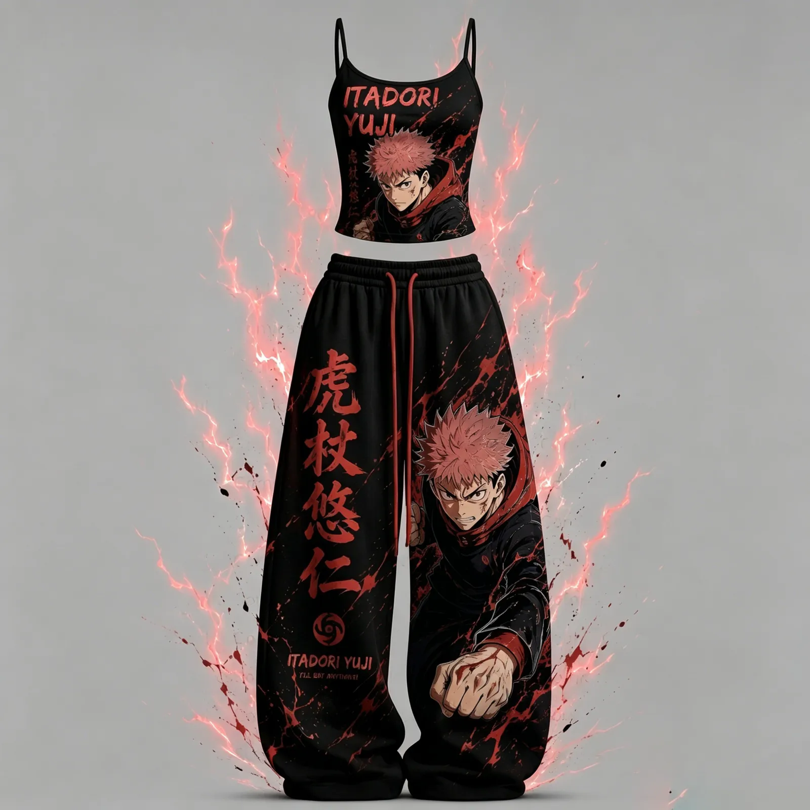 Jujutsu Kaisen Itadori Yuji Cami Crop Top and Wide Leg Trousers Two-Piece Set, Women's Black and Red Anime Lounge Outfit, Sorcerer Matching Set