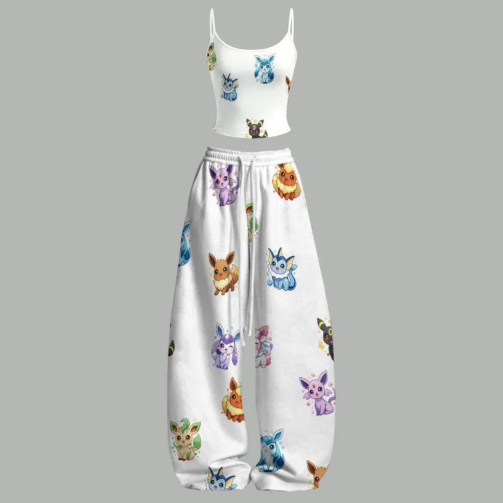 Pokémon Eeveelutions Cami Crop Top and Wide Leg Trousers Two-Piece Set, White Chibi Eevee Sylveon Umbreon Pattern, Women's Lounge Outfit