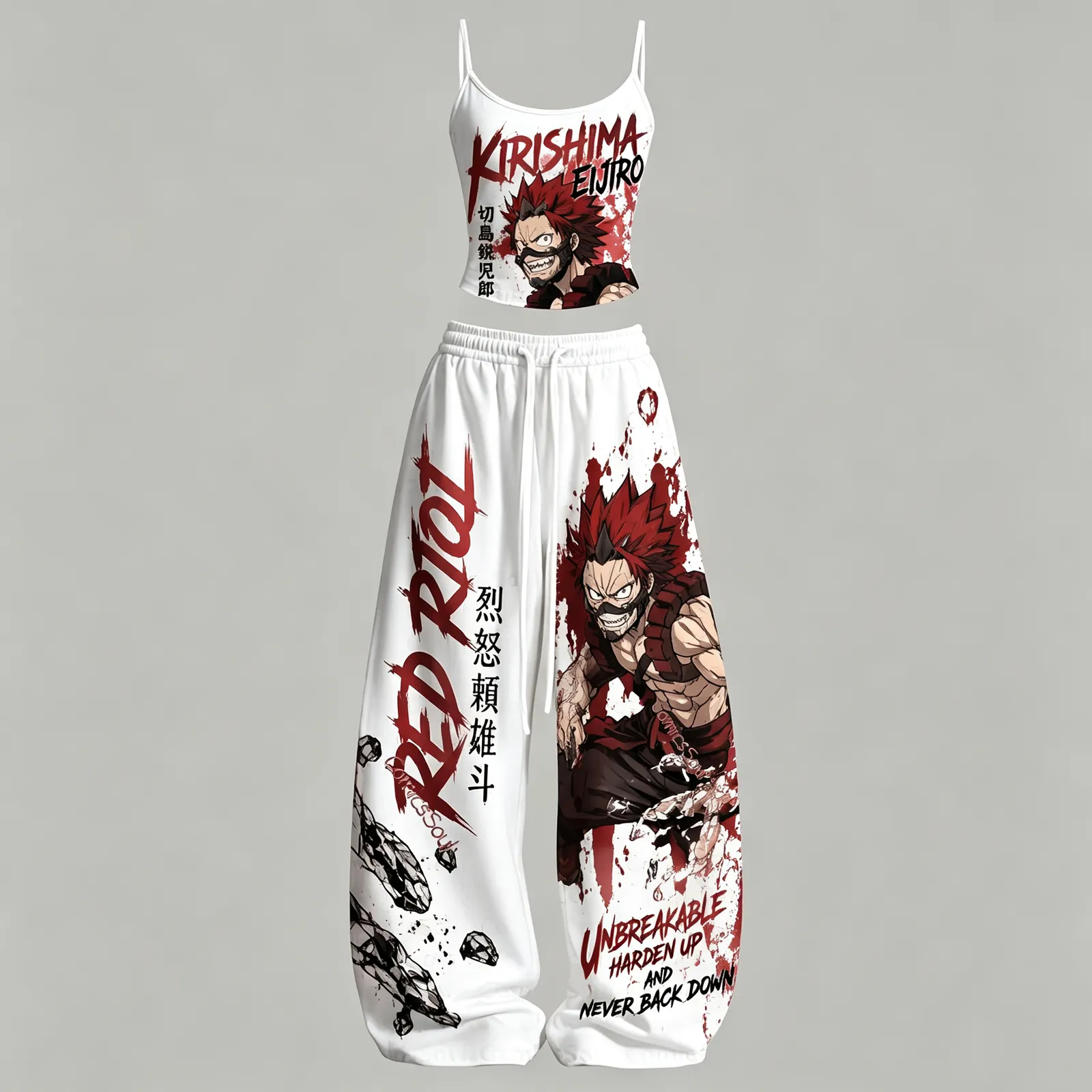 My Hero Academia Eijiro Kirishima Red Riot Cami Crop Top and Wide Leg Trousers Two-Piece Set, White and Crimson Unbreakable Print, Women's Outfit