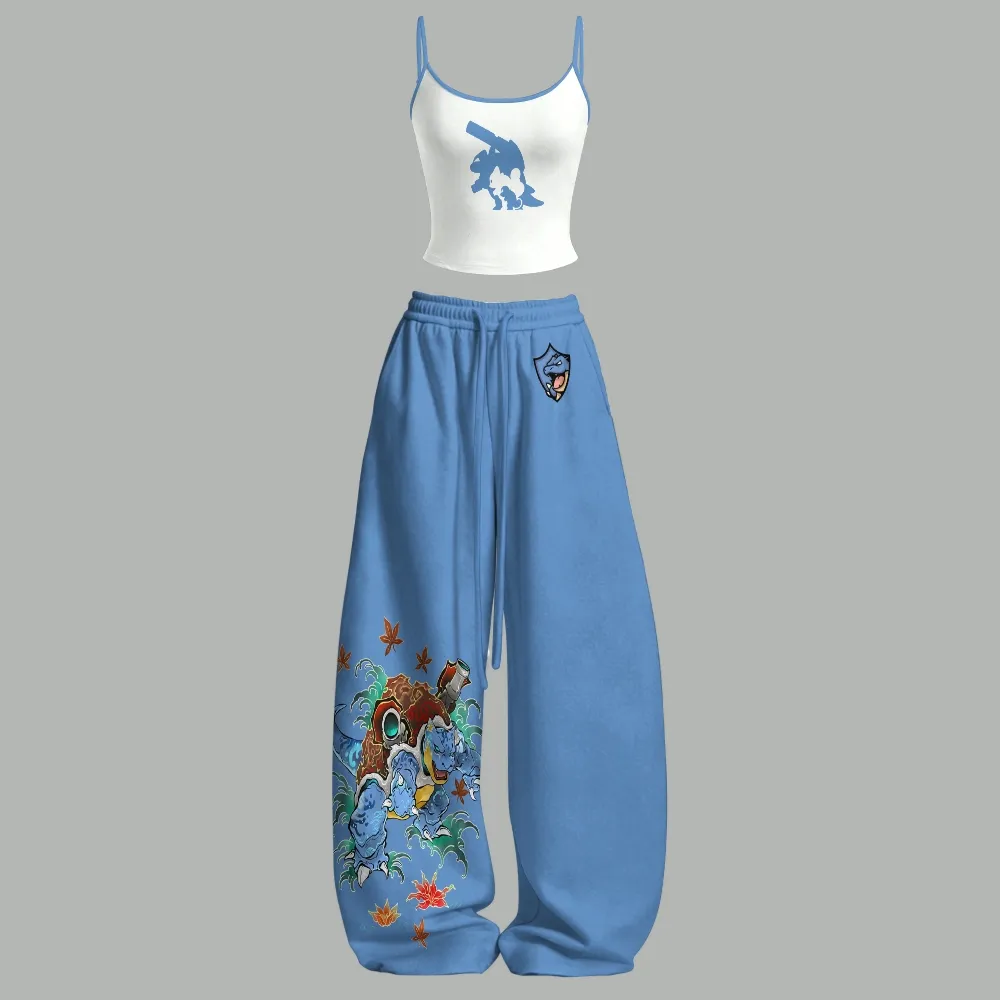Pokémon Blastoise Squirtle Evolution Cami Crop Top and Wide Leg Trousers Two-Piece Set, Women's Blue Anime Lounge Outfit, Water Type Set