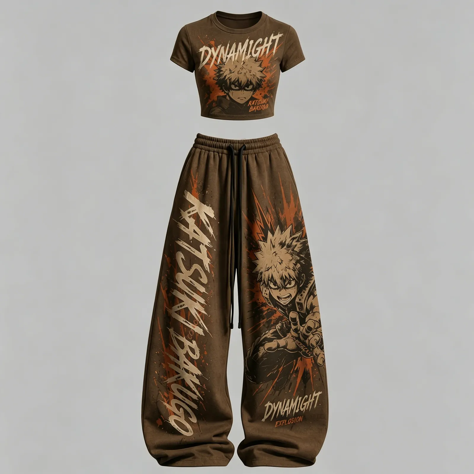 My Hero Academia Katsuki Bakugo Dynamight Crop Tee and Wide Leg Trousers Two-Piece Set, Women's Explosion Anime Matching Lounge Outfit